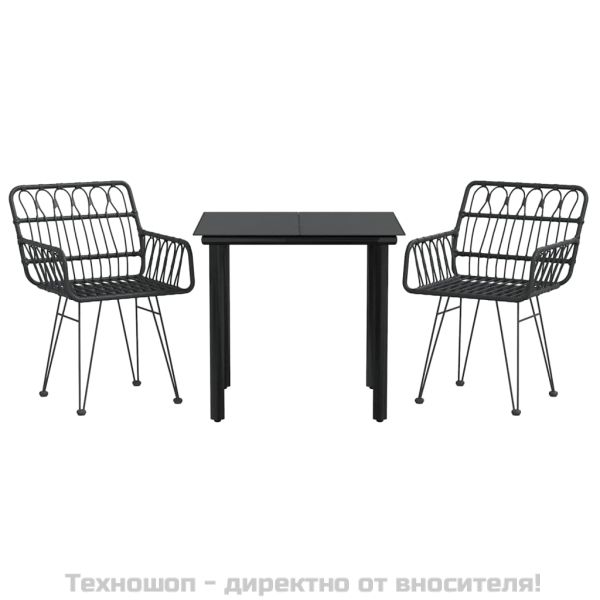 Градински трапезен комплект, 3 части, черен, полиратан