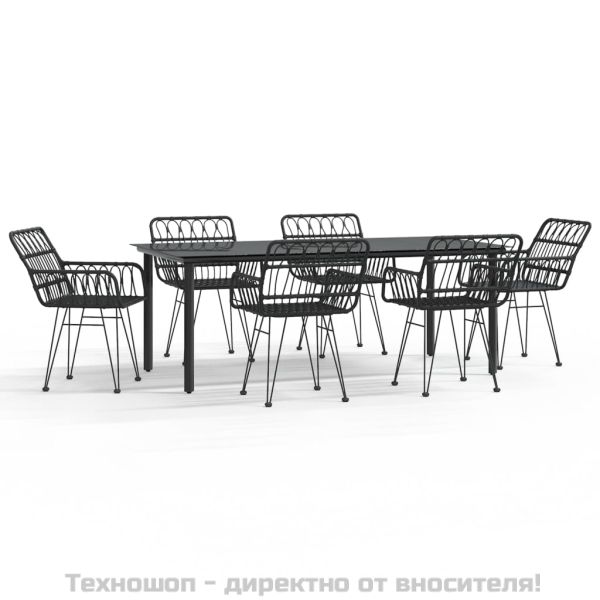 Градински трапезен комплект от 7 части, черно, полиратан