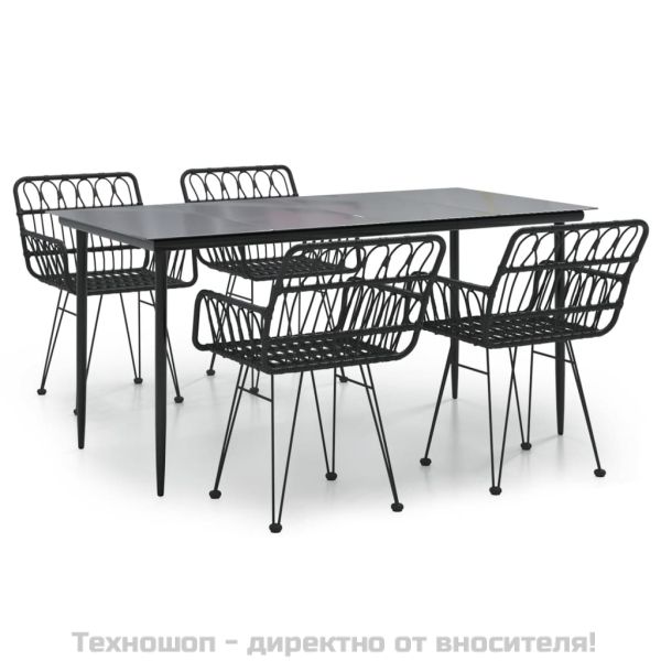 Градински трапезен комплект, 5 части, черен, полиратан
