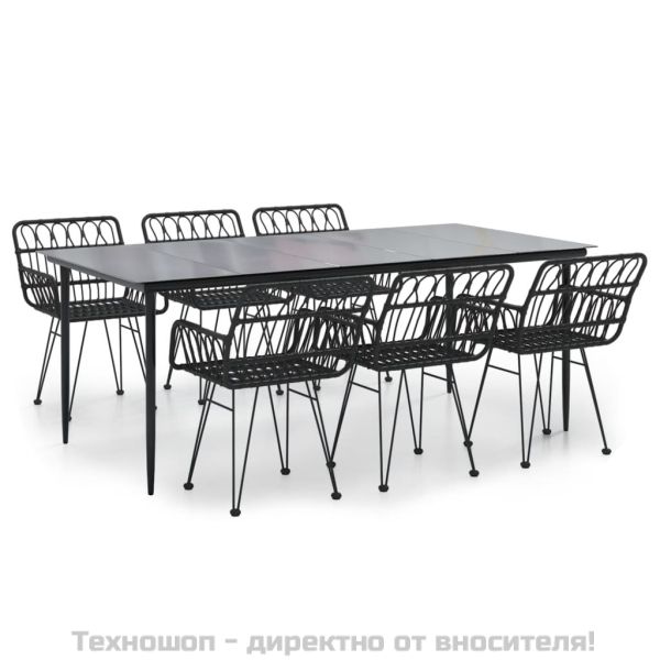 Градински трапезен комплект от 7 части, черно, полиратан