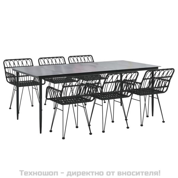 Градински трапезен комплект от 7 части, черно, полиратан