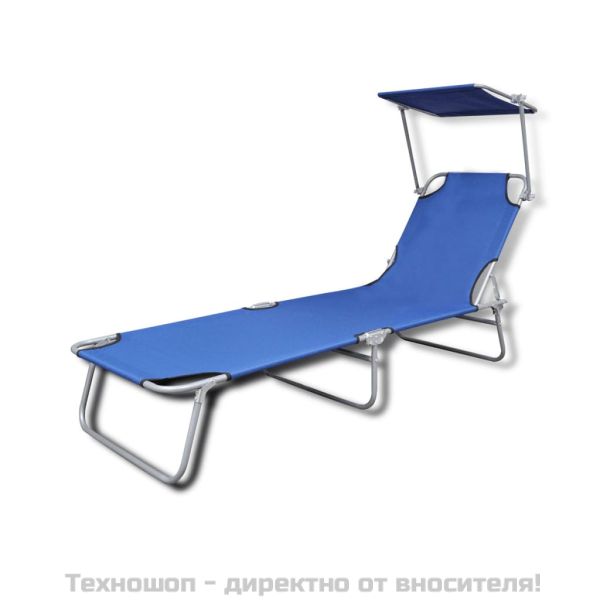 Сгъваем шезлонг с козирка, стомана и текстил, син