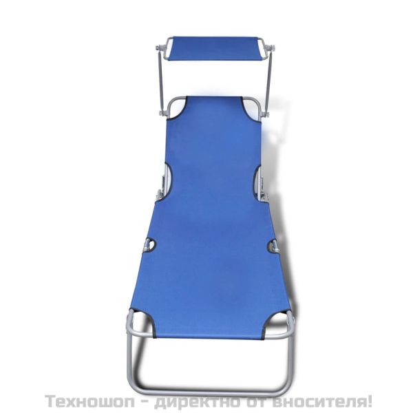 Сгъваем шезлонг с козирка, стомана и текстил, син