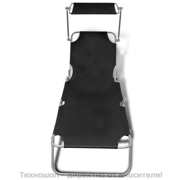 Сгъваем шезлонг с козирка, стомана и текстил, черен