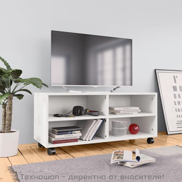ТВ шкаф с колелца, бял, 90x35x35 см, инженерно дърво