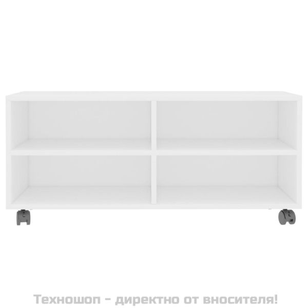 ТВ шкаф с колелца, бял, 90x35x35 см, инженерно дърво