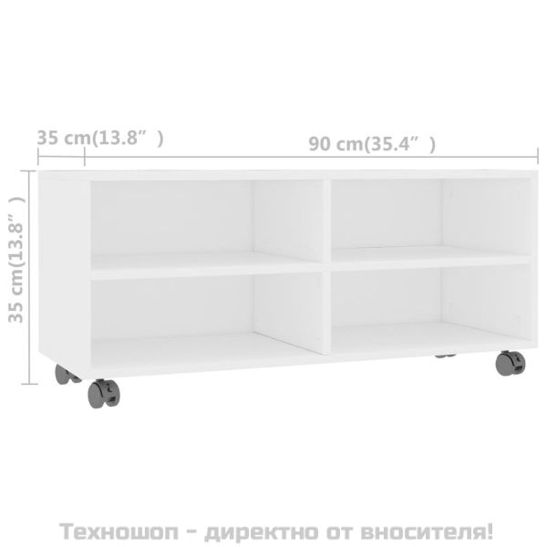 ТВ шкаф с колелца, бял, 90x35x35 см, инженерно дърво