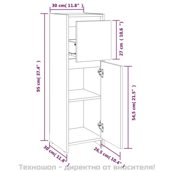 Шкаф за баня, опушен дъб, 30x30x95 см, инженерно дърво