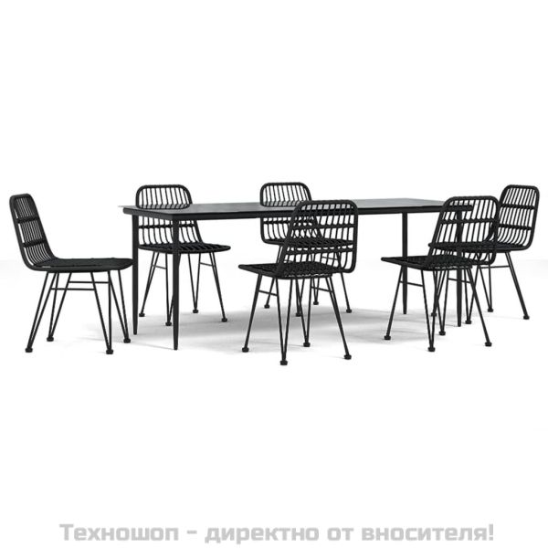 Градински трапезен комплект от 7 части, черно, полиратан