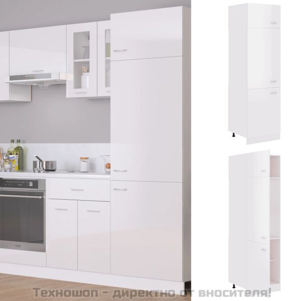 Шкаф за хладилник, бял гланц, 60x57x207 см, инженерно дърво