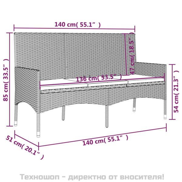 3-местна градинска пейка с възглавници, сива, полиратан
