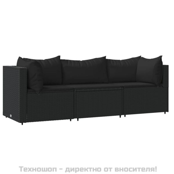 Градински лаундж комплект с възглавници 3 части черен полиратан
