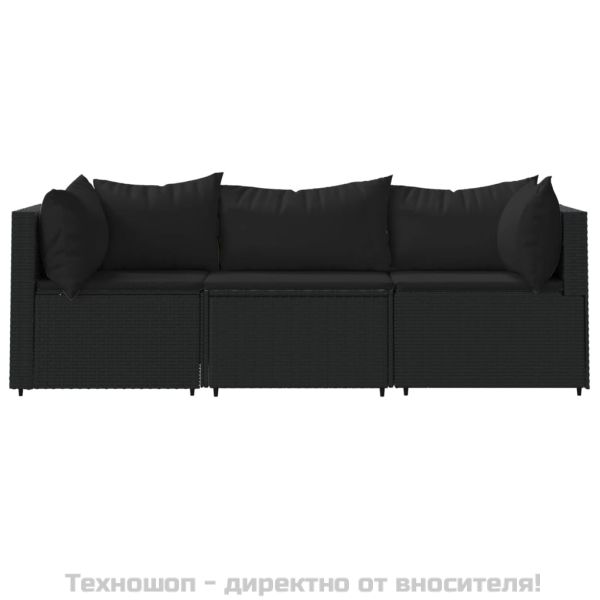 Градински лаундж комплект с възглавници 3 части черен полиратан