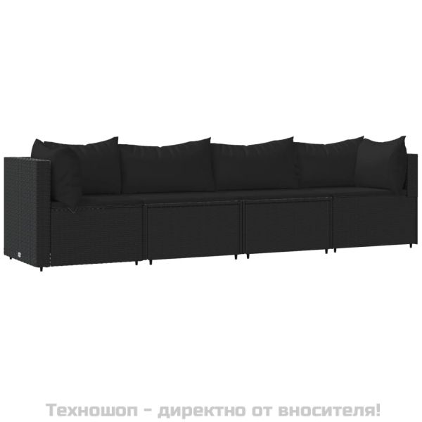 Градински лаундж комплект с възглавници 4 части черен полиратан