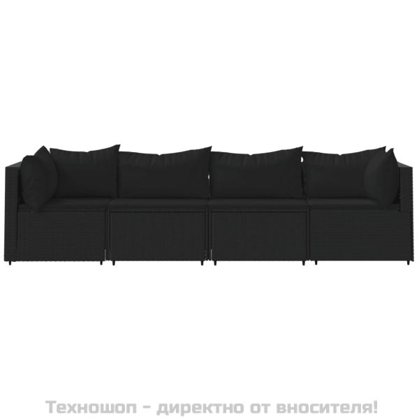 Градински лаундж комплект с възглавници 4 части черен полиратан