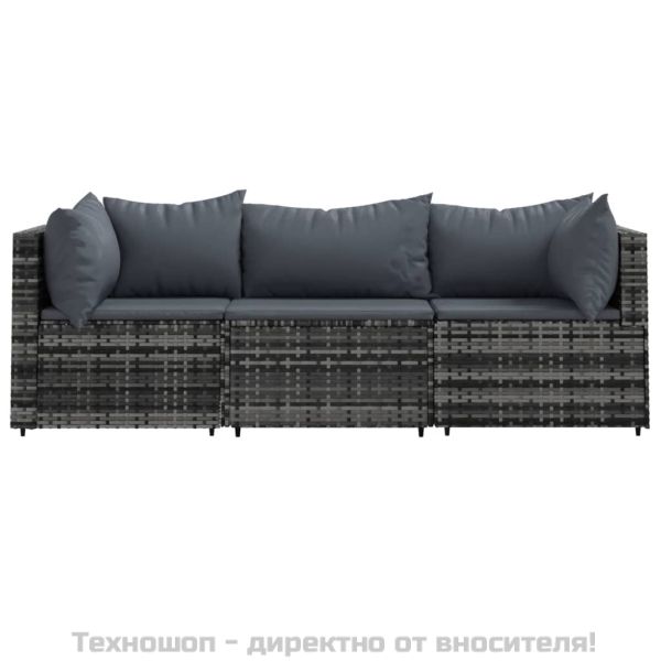 Градински лаундж комплект с възглавници 3 части сив полиратан