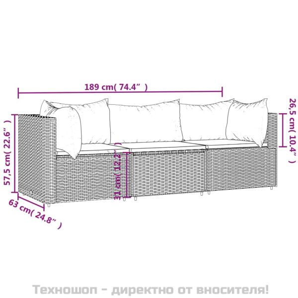 Градински лаундж комплект с възглавници 3 части сив полиратан