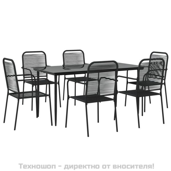Градински комплект, 7 части, черен, памучно въже и стомана
