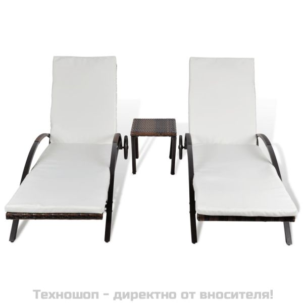 Шезлонги с маса, полиратан, кафяви