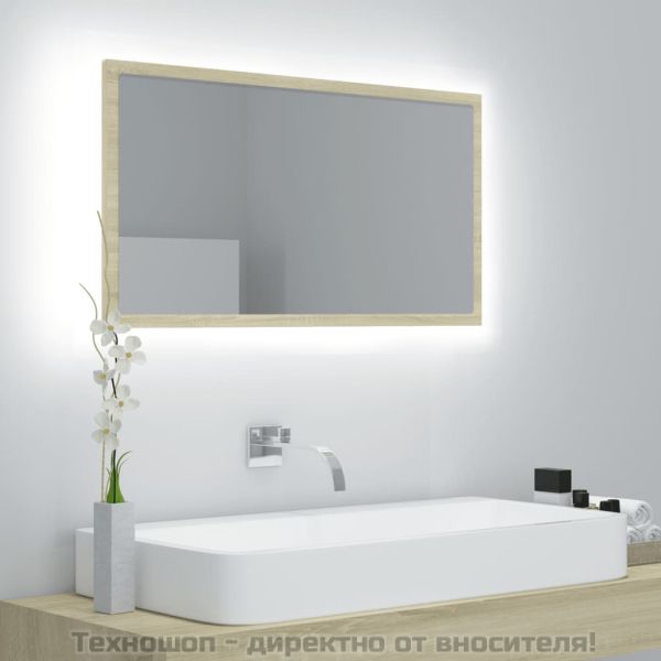 LED огледало за баня, дъб сонома, 80x8,5x37 см, акрил