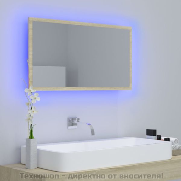 LED огледало за баня, дъб сонома, 80x8,5x37 см, акрил