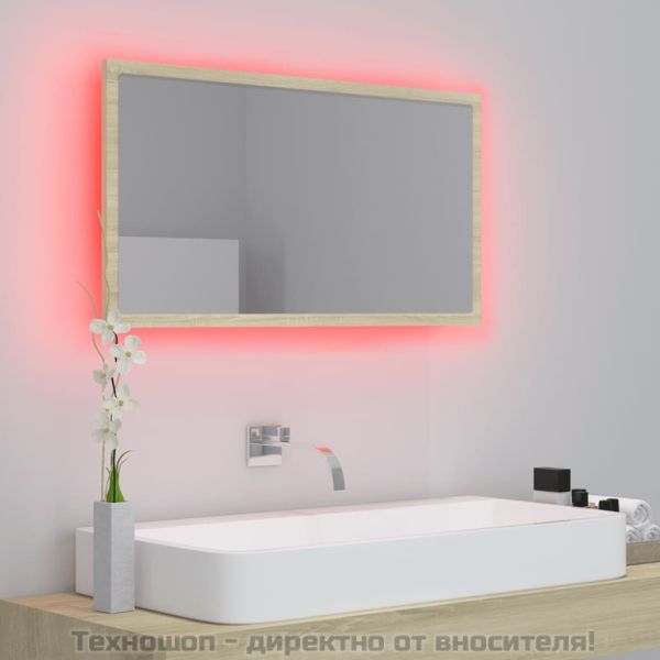 LED огледало за баня, дъб сонома, 80x8,5x37 см, акрил
