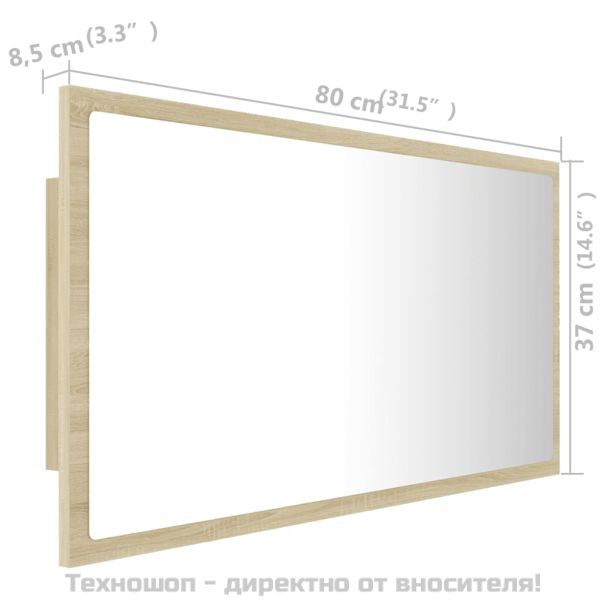 LED огледало за баня, дъб сонома, 80x8,5x37 см, акрил