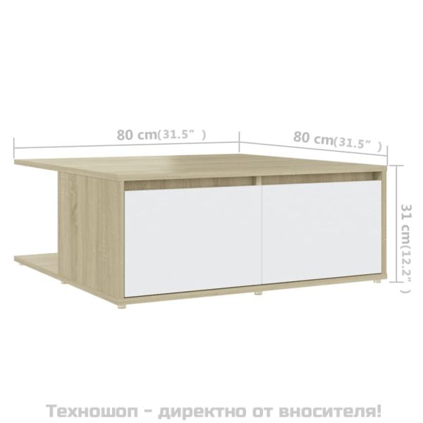 Маса за кафе, бяло и дъб сонома, 80x80x31 см, инженерно дърво