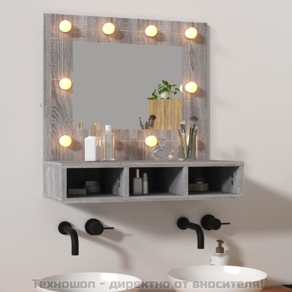 Огледален шкаф с LED, Сив сонома, 60x31,5x62 см