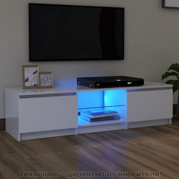 ТВ шкаф с LED осветление, бял гланц, 140x40x35,5 см