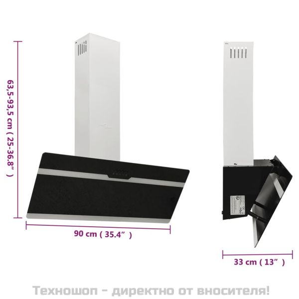 Стенен абсорбатор, 90 см, стомана и закалено стъкло, черен