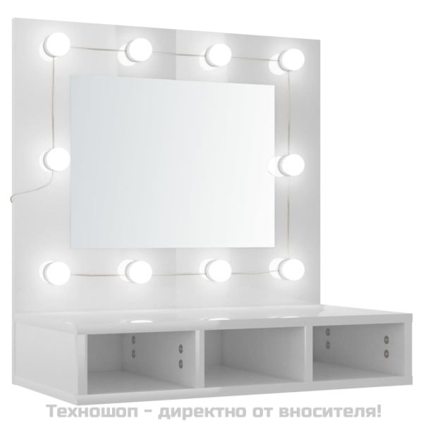Огледален шкаф с LED, бял гланц, 60x31,5x62 см