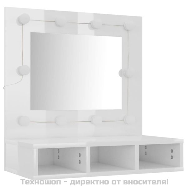 Огледален шкаф с LED, бял гланц, 60x31,5x62 см