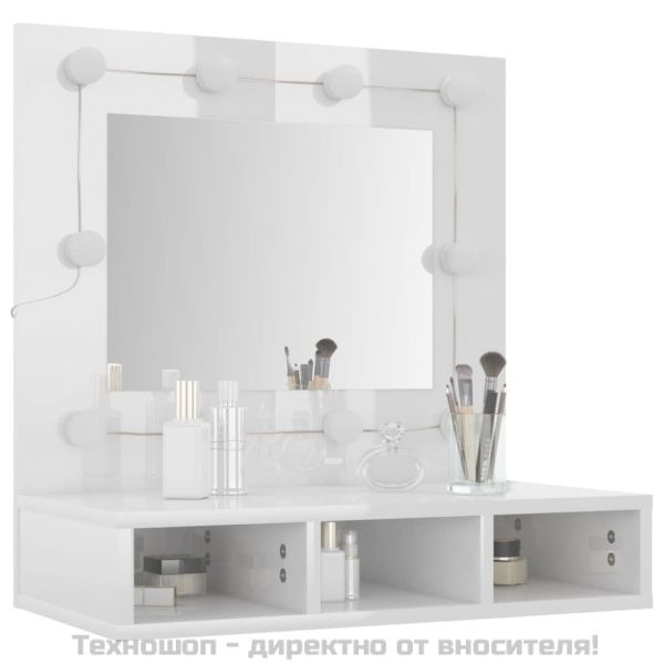 Огледален шкаф с LED, бял гланц, 60x31,5x62 см