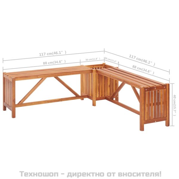 Градинска ъглова пейка с плантер, 117x117x40 cм, акация масив