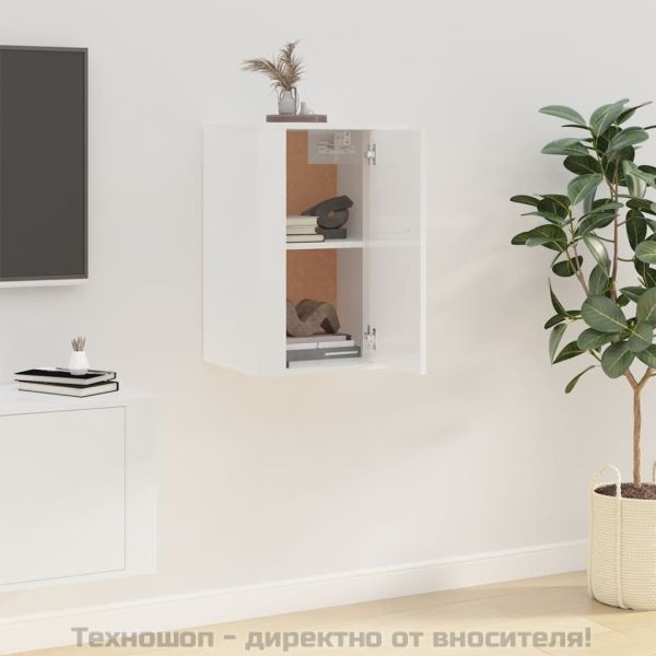 ТВ шкаф за стенен монтаж, бял гланц, 40x34,5x60 см