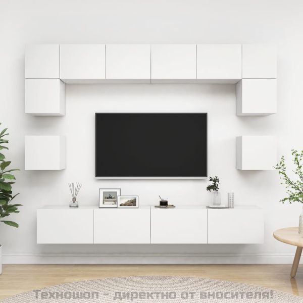 Комплект ТВ шкафове от 8 части, бял, инженерно дърво