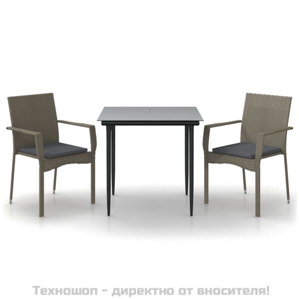Градински трапезен комплект 3 части с възглавници сив полиратан