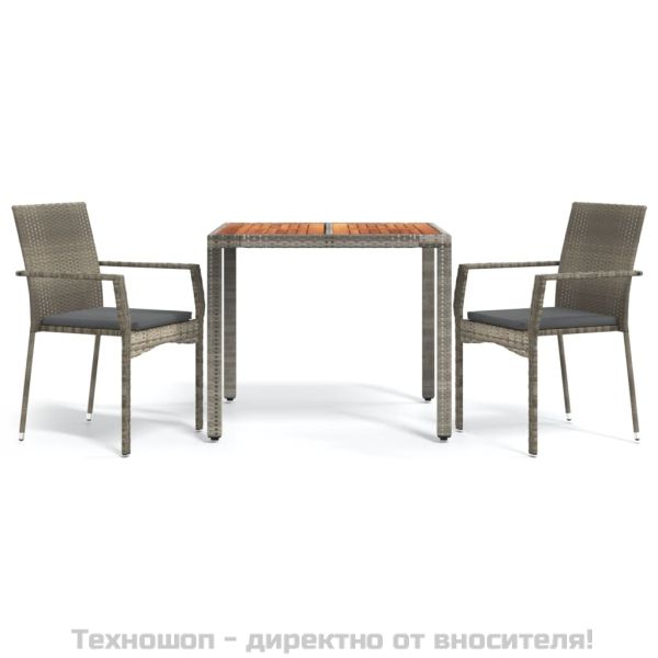Градински трапезен комплект 3 части с възглавници сив полиратан