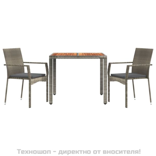 Градински трапезен комплект 3 части с възглавници сив полиратан