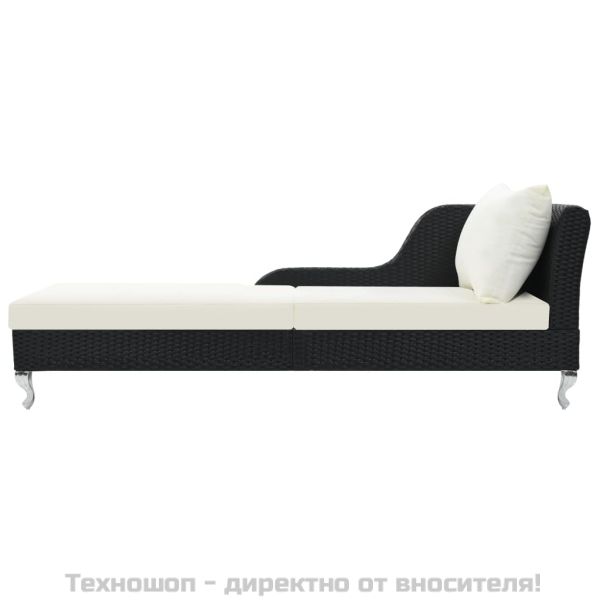 Шезлонг с шалте, черен полиратан