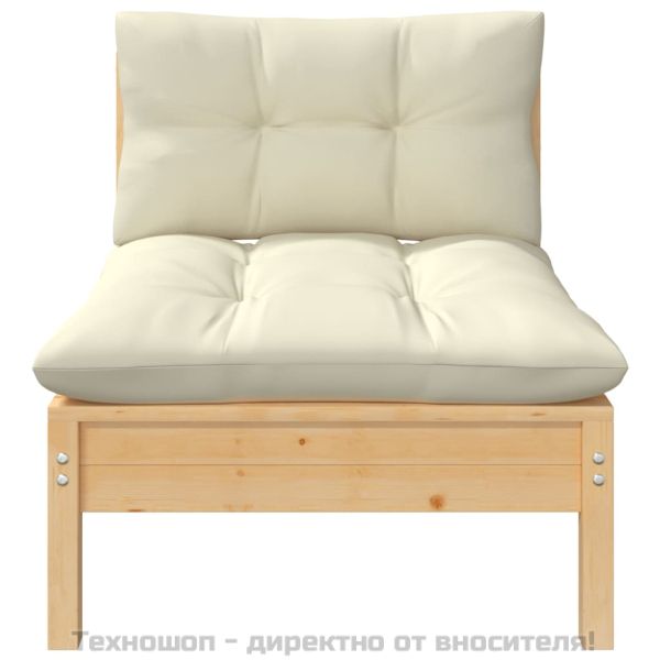 Градински среден диван с кремави възглавници борово дърво масив
