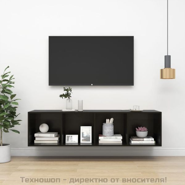 ТВ шкаф за стенен монтаж, черен гланц, 37x37x142,5 см