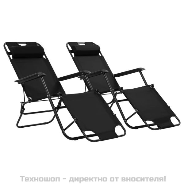 Сгъваеми шезлонги с подложки за крака, 2 бр, стомана, черни