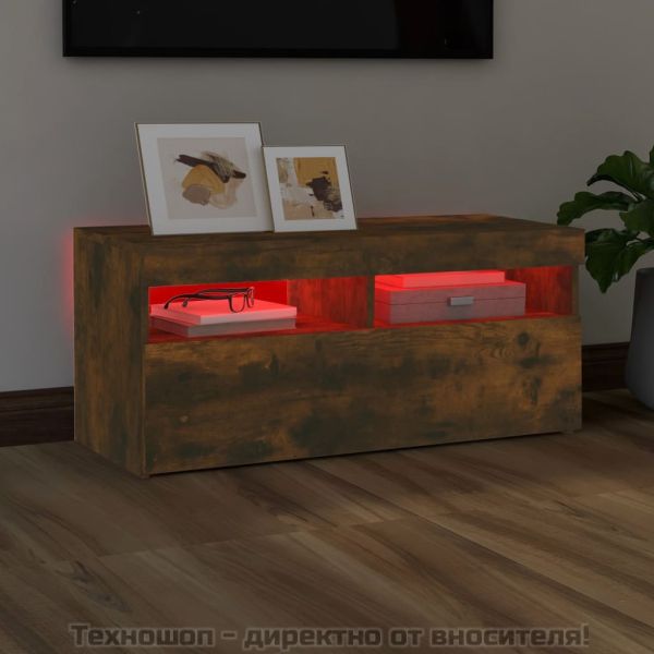 ТВ шкаф с LED осветление, опушен дъб, 90x35x40 см