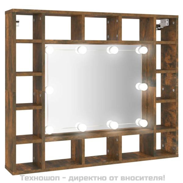 Огледален шкаф с LED, опушен дъб, 91x15x76,5 см