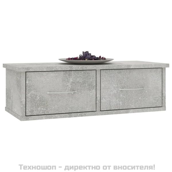 Стенен рафт с чекмеджета, бетонно сив, 60x26x18,5 см