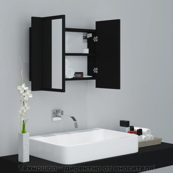 Шкаф с LED огледало за баня, черно, 60x12x45 см, акрил