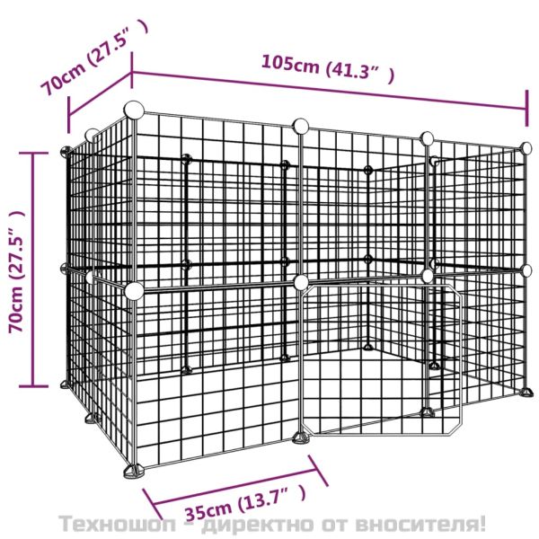 Клетка за животни с врата, 20 панела, черна, 35x35 см, стомана