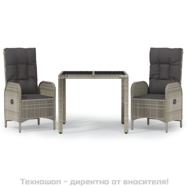 Градински трапезен комплект 3 части с възглавници сив полиратан